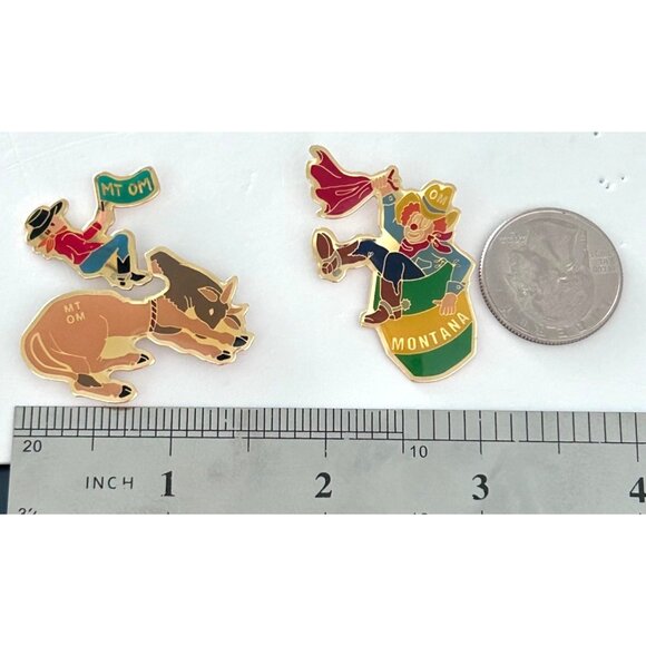 Vintage Odyssey of the Mind Montana Rodeo Clown Bull 3 Pin Lot Set - Picture 2 of 3